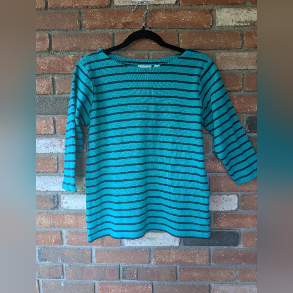 L.L. Bean L Striped greenish Blue Color striped Women's Top. 3/4 Sleeve. - Picture 3 of 10
